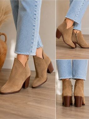 Thursday Boot Co Everyday Ankle Boots Taupe Suede Leather Heeled Booties 7